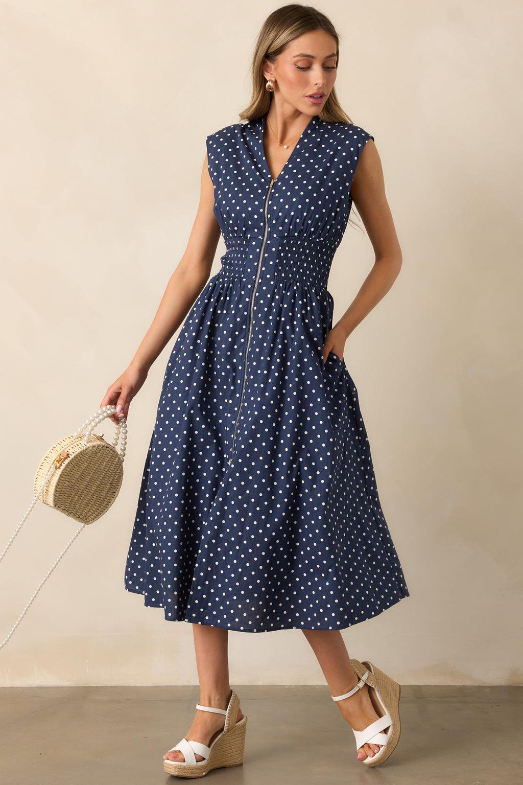 The Evette Navy Polka Dot Zip Front Midi Dress Product Image