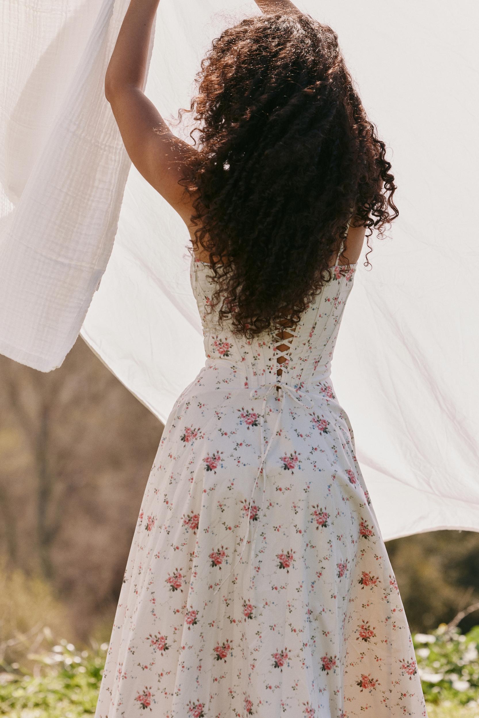 Steffani  white stretch cotton rose print midi sundress Product Image