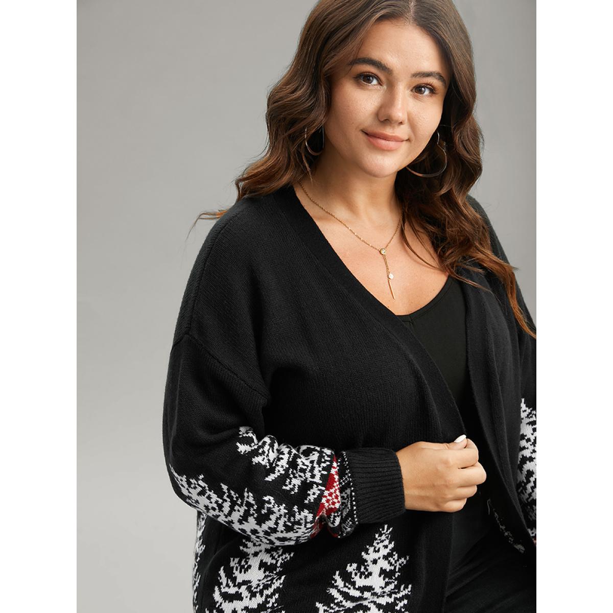 Plus Size Christmas Trees Contrast Cardigan Black Women Casual Loose Long Sleeve Festival-Christmas Cardigans BloomChic 14-16/1X Product Image