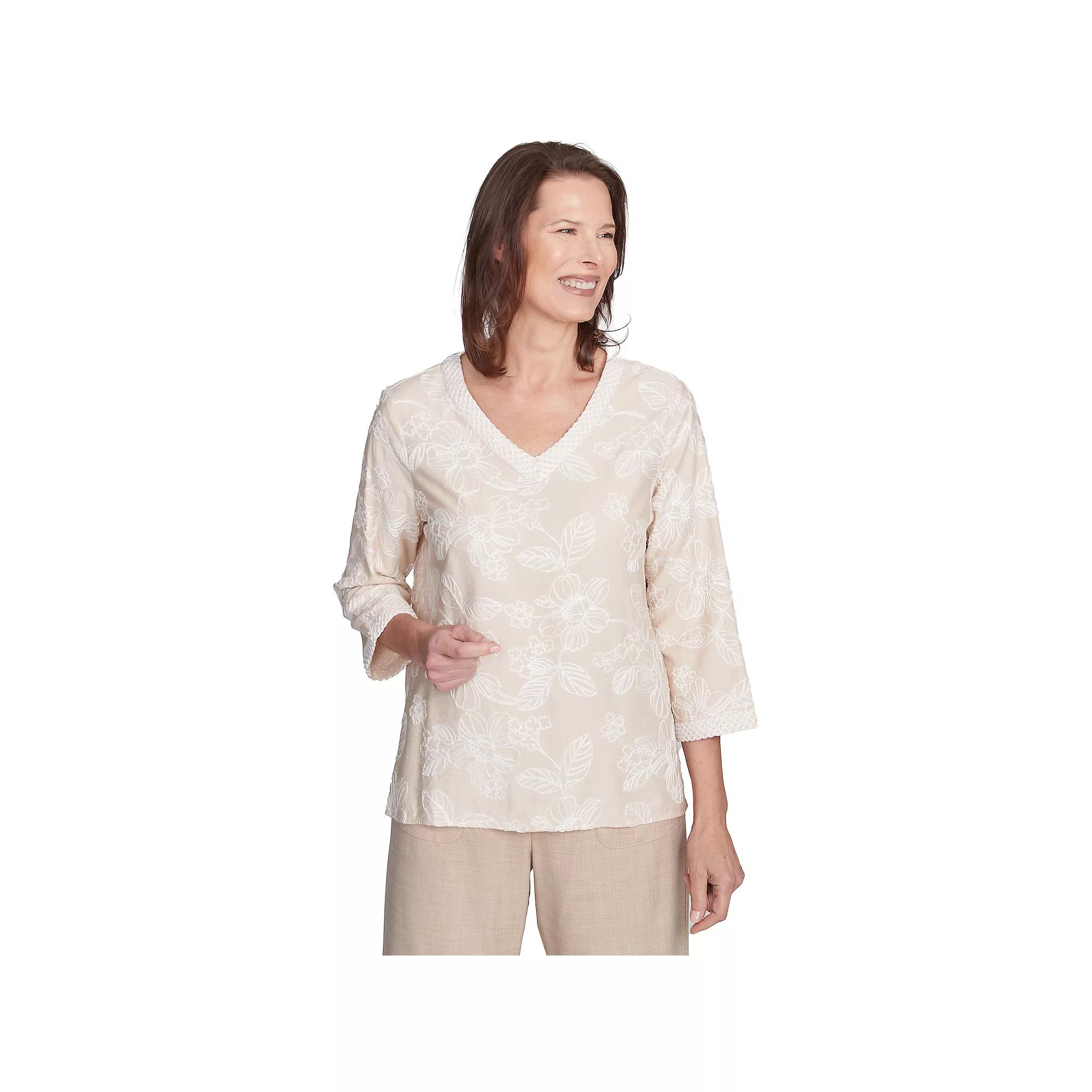Women's Alfred Dunner Tossed Floral Embroidery V-Neck Top, Size: Small, Linen Product Image