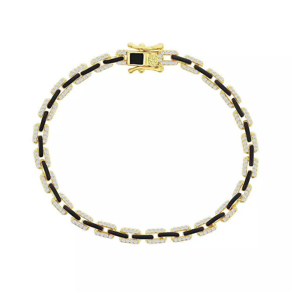 Argento Bella 14k Gold Over Silver Black Enamel & Cubic Zirconia Link Bracelet, Women's, Size: 7", Gold Tone Black Product Image