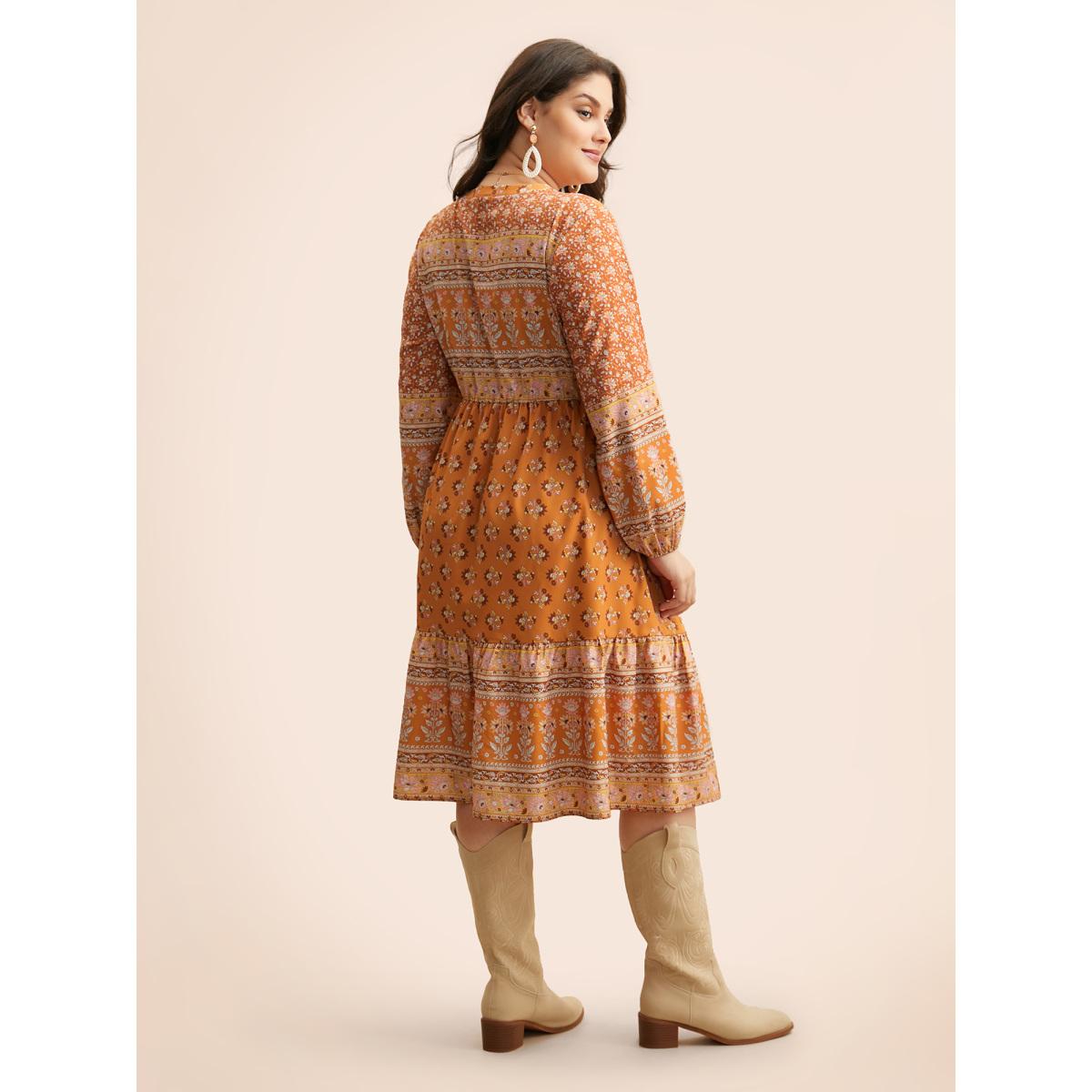 Plus Size Boho Print Tie Knot Midi Dress Turmeric Women Resort Tie knot V-neck Long Sleeve Curvy BloomChic 10/M Product Image