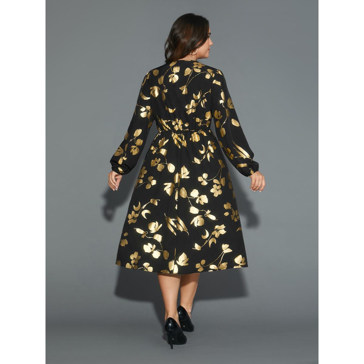 Plus Size Glitter Silhouette Floral Print Elastic Waist Dress BlackFlower Women Cocktail Non Party Curvy Bloomchic 18-20/2X Product Image