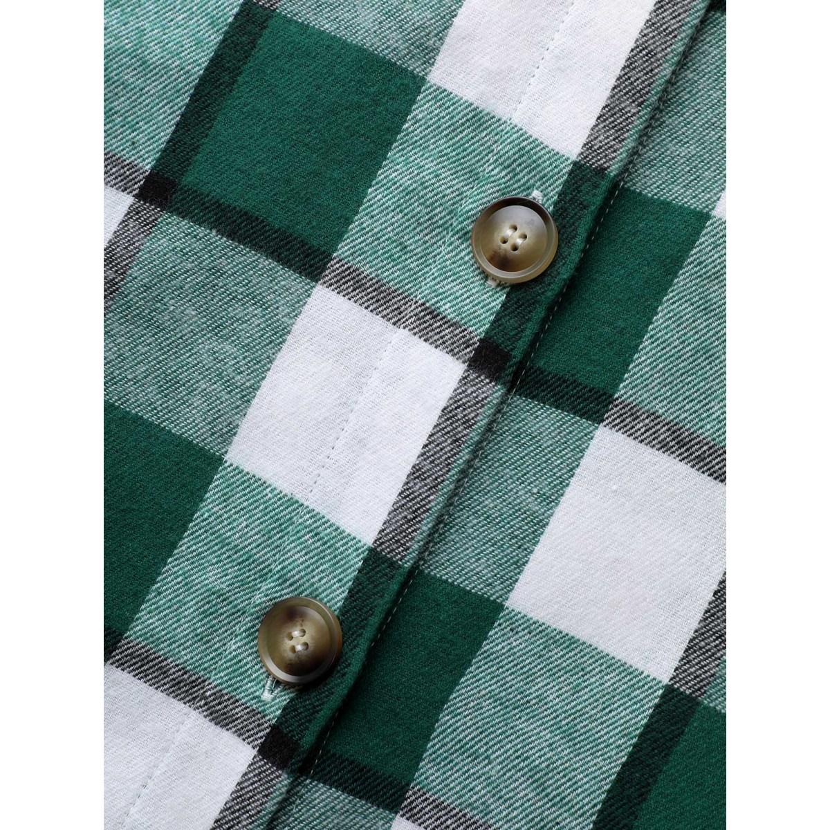 Plus Size Plaid Patched Pocket Arc Hem Jacket Women DarkGreen Button Loose Side seam pocket Everyday Jackets BloomChic 26/4X Product Image