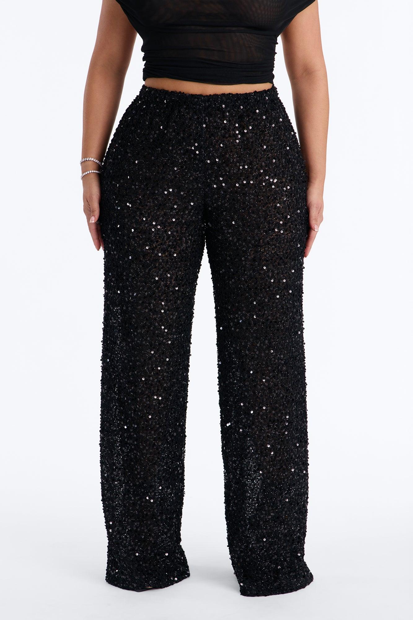 Azalea Low Rise Sequin Crochet Wide Leg Pant 33″ - Black Female Product Image