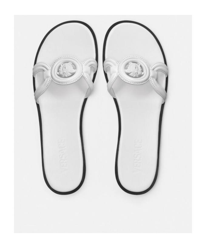 VERSACE Medusa Leather Flat Slide Sandals In White Product Image