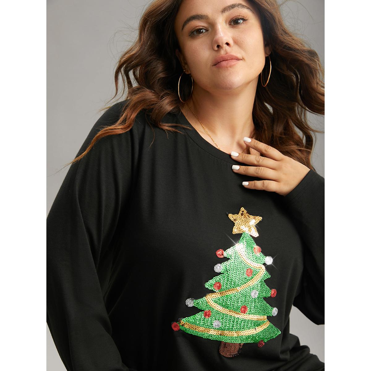 Plus Size Christmas Trees Sequin Round Neck T-shirt Black Women Casual Sequin Christmas Festival-Christmas T-shirts BloomChic 18-20/2X Product Image