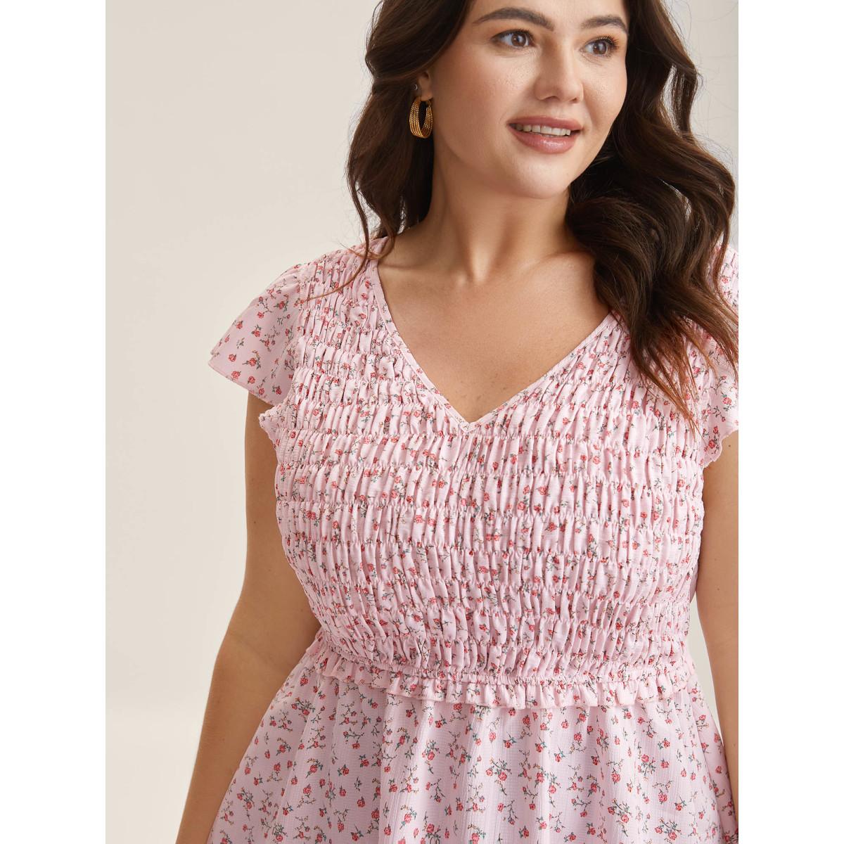 Plus Size Lightpink Shirred Laser Cut Hem Floral Blouse Women Cap Sleeve V-neck Everyday-Elegant Blouses BloomChic 12/L Product Image