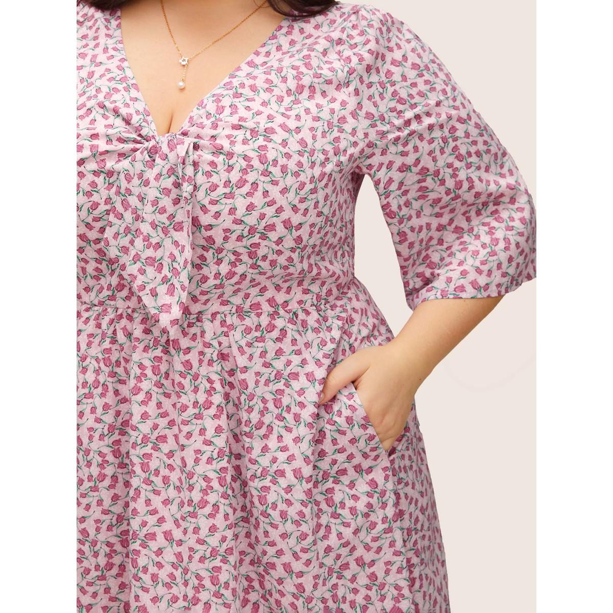 Plus Size Ditsy Floral Tie Neck Elastic Waist Dress Pink Women Elegant Non V-neck Half Sleeve Curvy Midi Dress BloomChic 28/5X Product Image