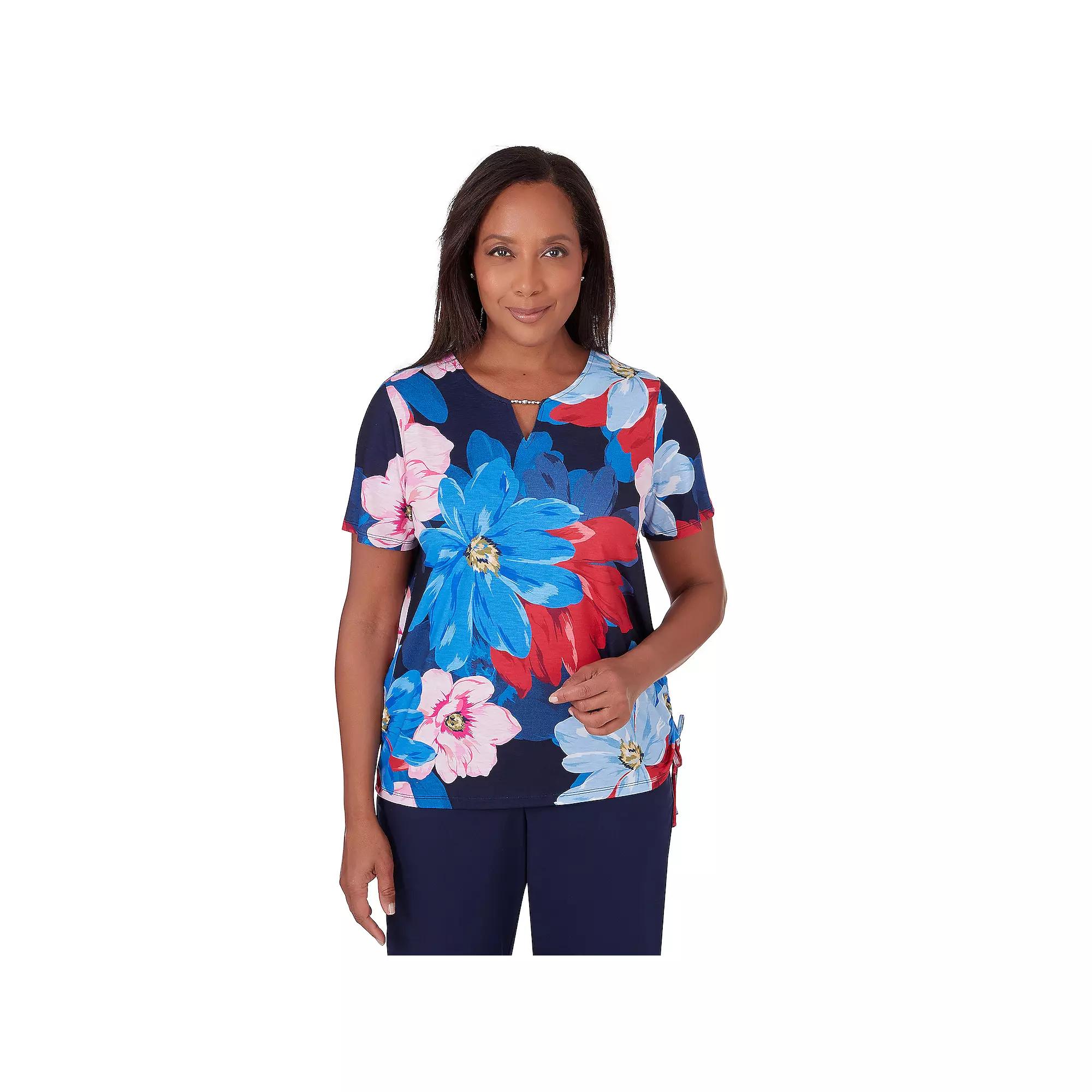 Women's Alfred Dunner Dramatic Flower Print Ruched Short Sleeve Top, Size: Medium, Multi Blue Product Image