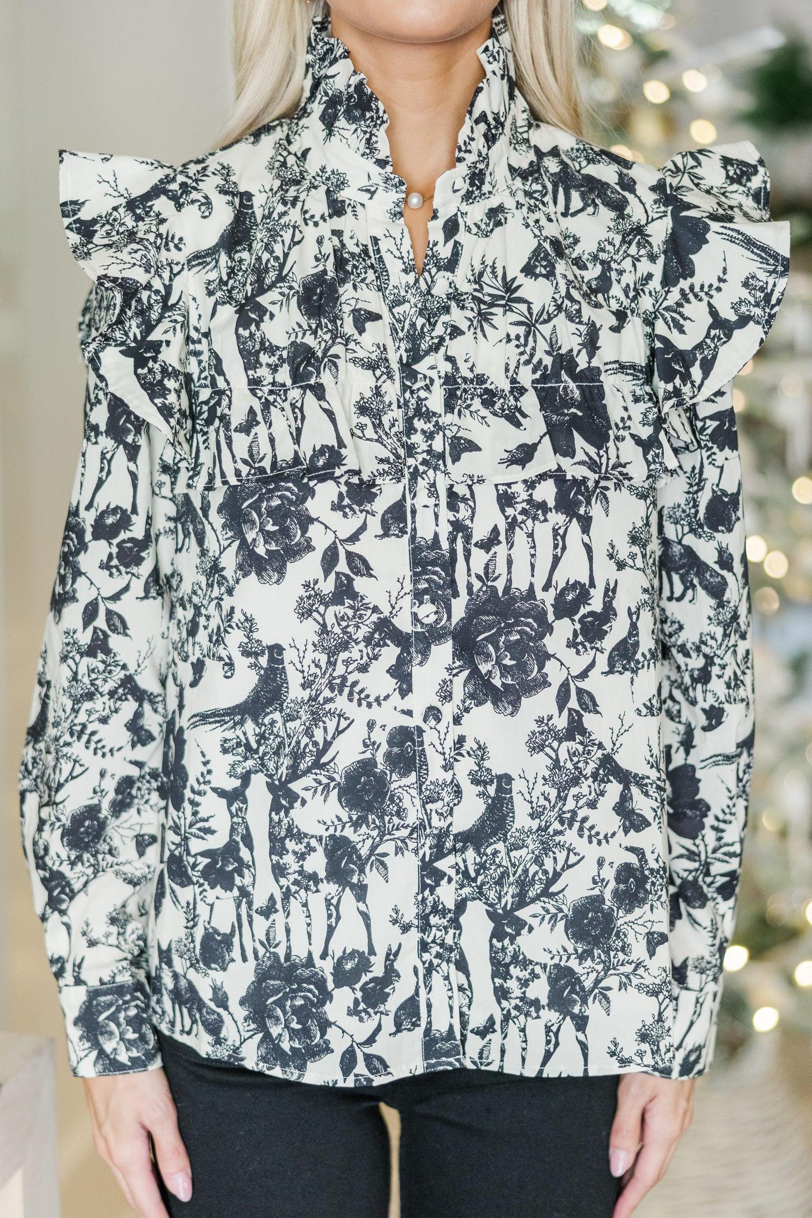 On Your Time Black Toile Button Down Top Female Product Image