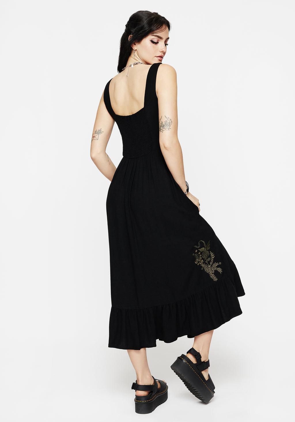 Foliate Linen-Blend Embroidered Sleeveless Midi Dress - Black Product Image