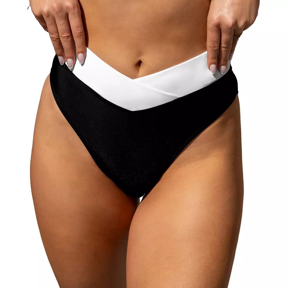 Women's Cupshe Colorblock Banded High-Waist Swim Bottoms, Size: Large, Black White Product Image