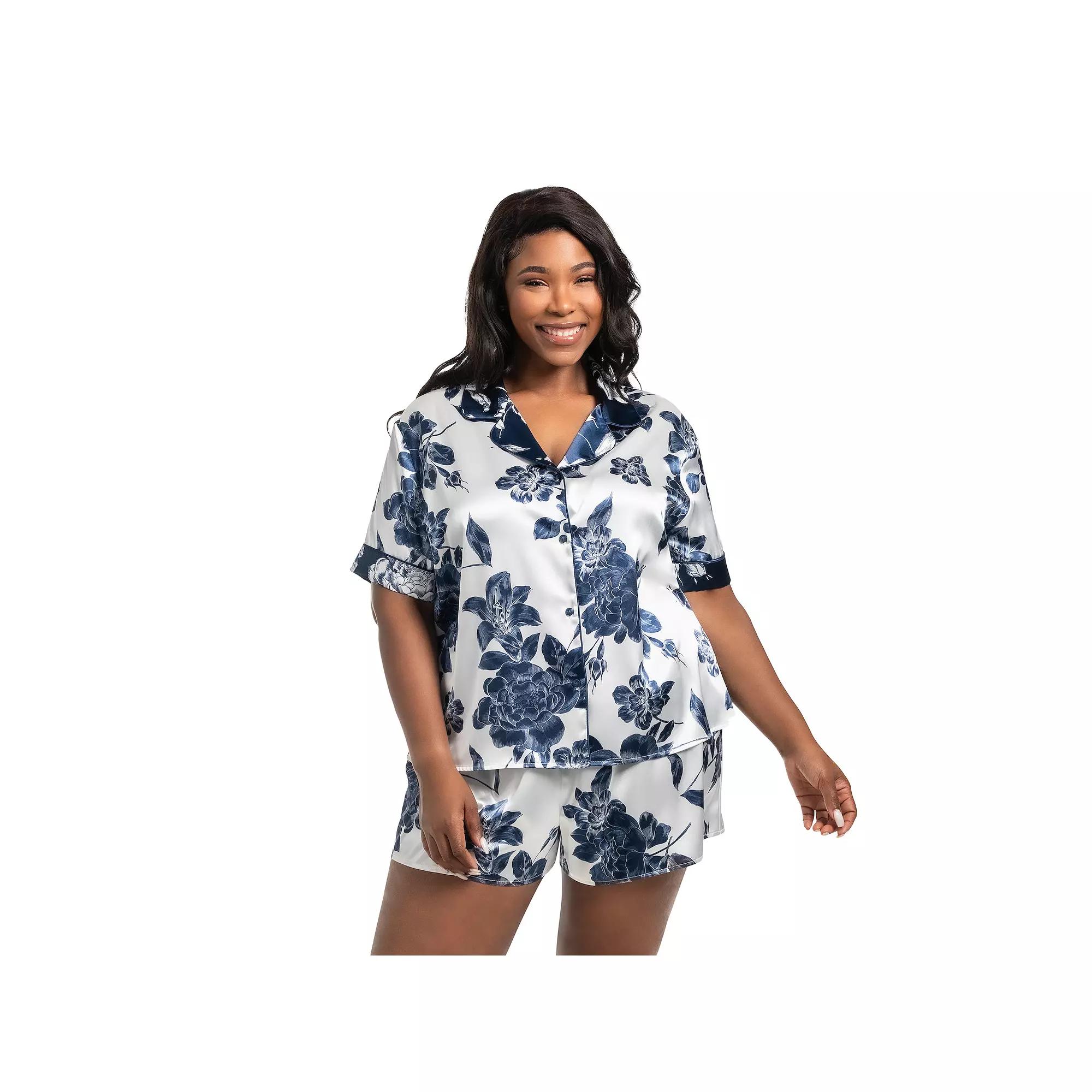 Plus Size Lilac+London 2-pc. Solid Satin Short Sleeve Pajama Top & Pajama Shorts Set, Women's, Size: 1XL, White Navy Product Image