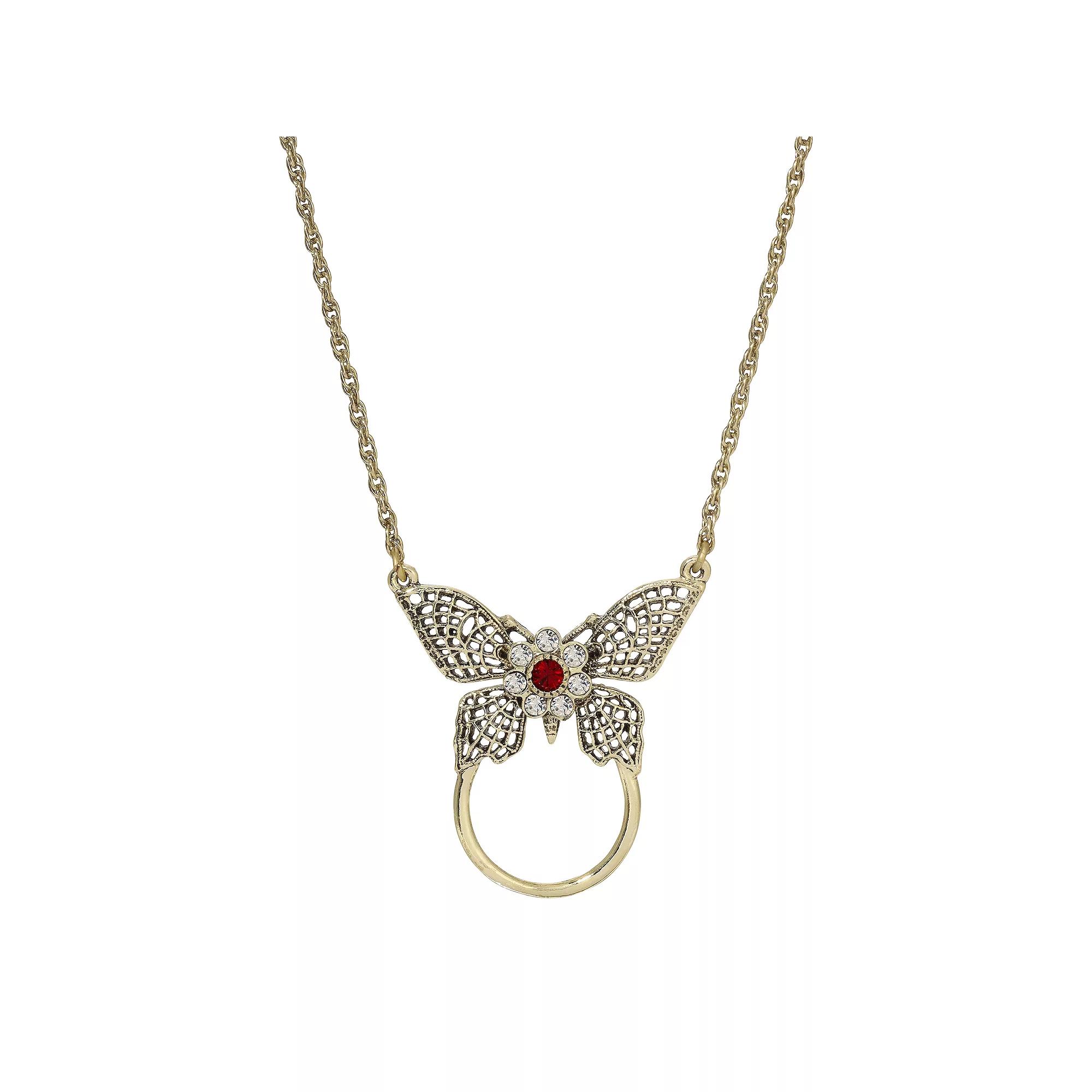 1928 Gold Tone Butterfly Red & Clear Crystal Necklace & Eye Glass Holder, Womens Product Image
