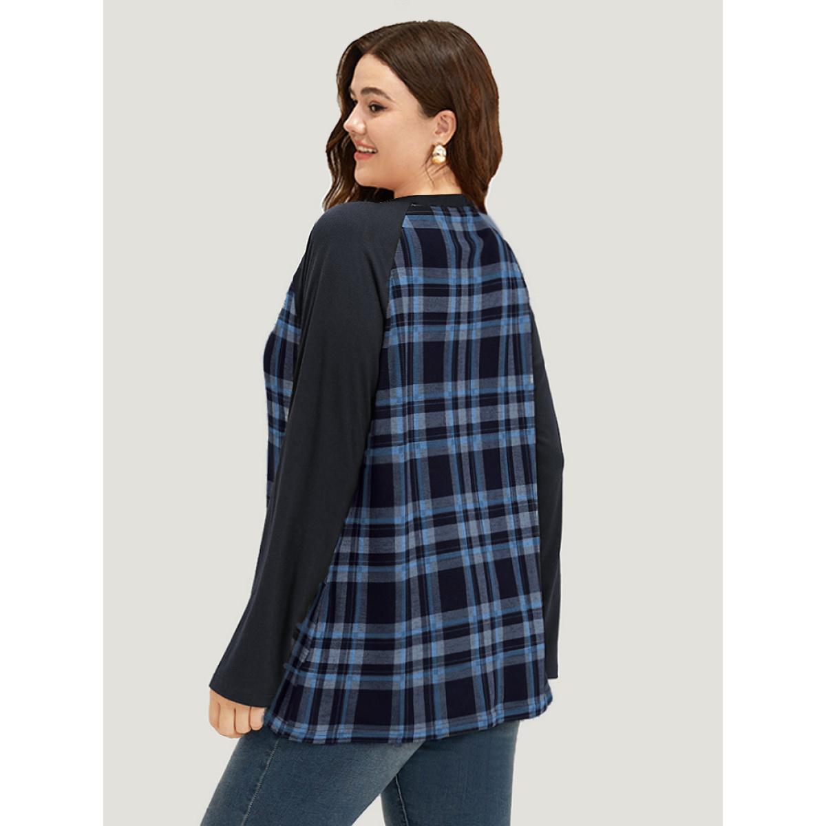 Plus Size Plaid Raglan Sleeve Crew Neck T-shirt DarkBrown Women Casual Patchwork Plaid Round Neck Dailywear T-shirts BloomChic 18-20/2X Product Image