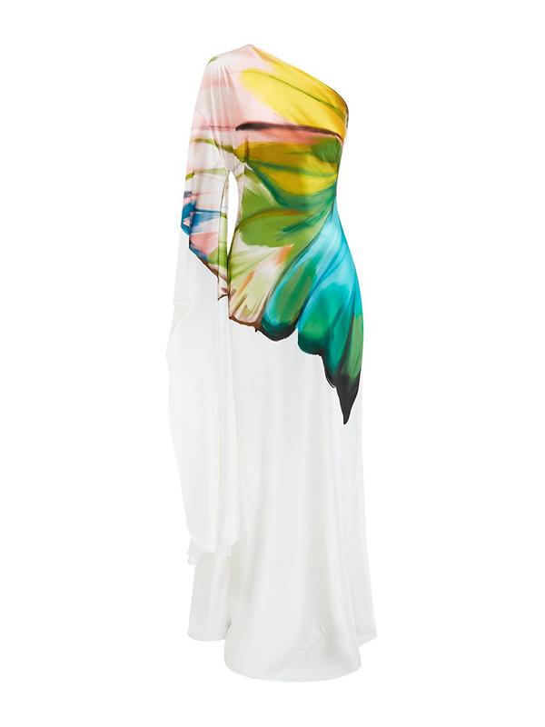 Long Sleeves Loose Asymmetric Flower Print One-Shoulder Maxi Dresses Product Image