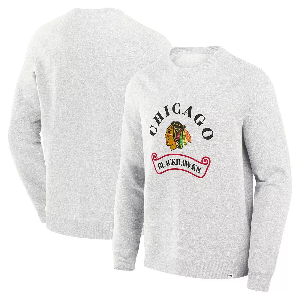 Men's Fanatics Heather Gray Chicago Blackhawks Banner Fleece Raglan Pullover Sweatshirt, Size: Small, Grey Product Image