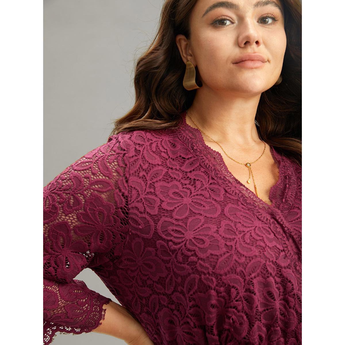 Plus Size Plain Elastic Waist Lace Patchwork Mesh Dress Scarlet Women Elegant See through V-neck Elbow-length sleeve Curvy Midi Dress BloomChic 30/6X Product Image