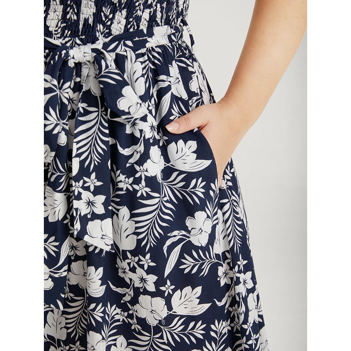 Plus Size Floral Print Spaghetti Strap Shirred Belted Pocket Dress DarkBlue Women Elegant Belted Spaghetti Strap Sleeveless Curvy Midi Dress BloomChic 30/6X Product Image