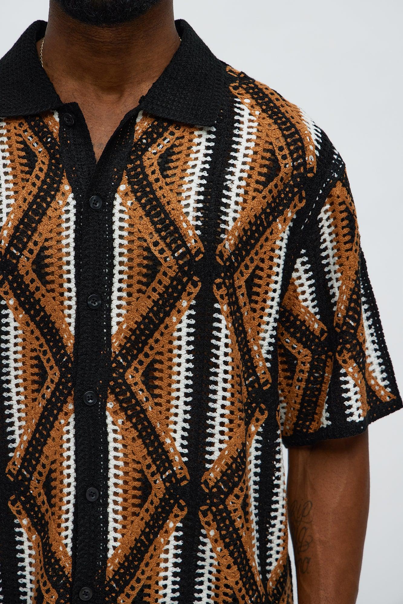 Cropped Relaxed Triangles Knit Closed Collar Shirt - Black/combo Product Image