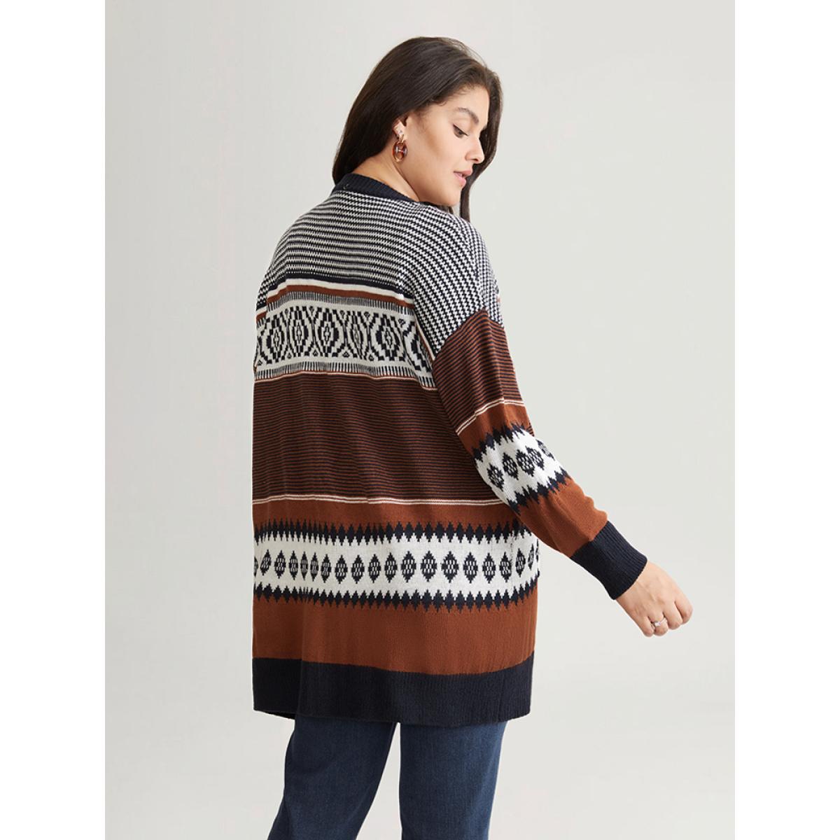 Plus Size Bandana Print Open Front Patched Pocket Cardigan Rust Women Casual Loose Long Sleeve Dailywear Cardigans BloomChic 12/L Product Image