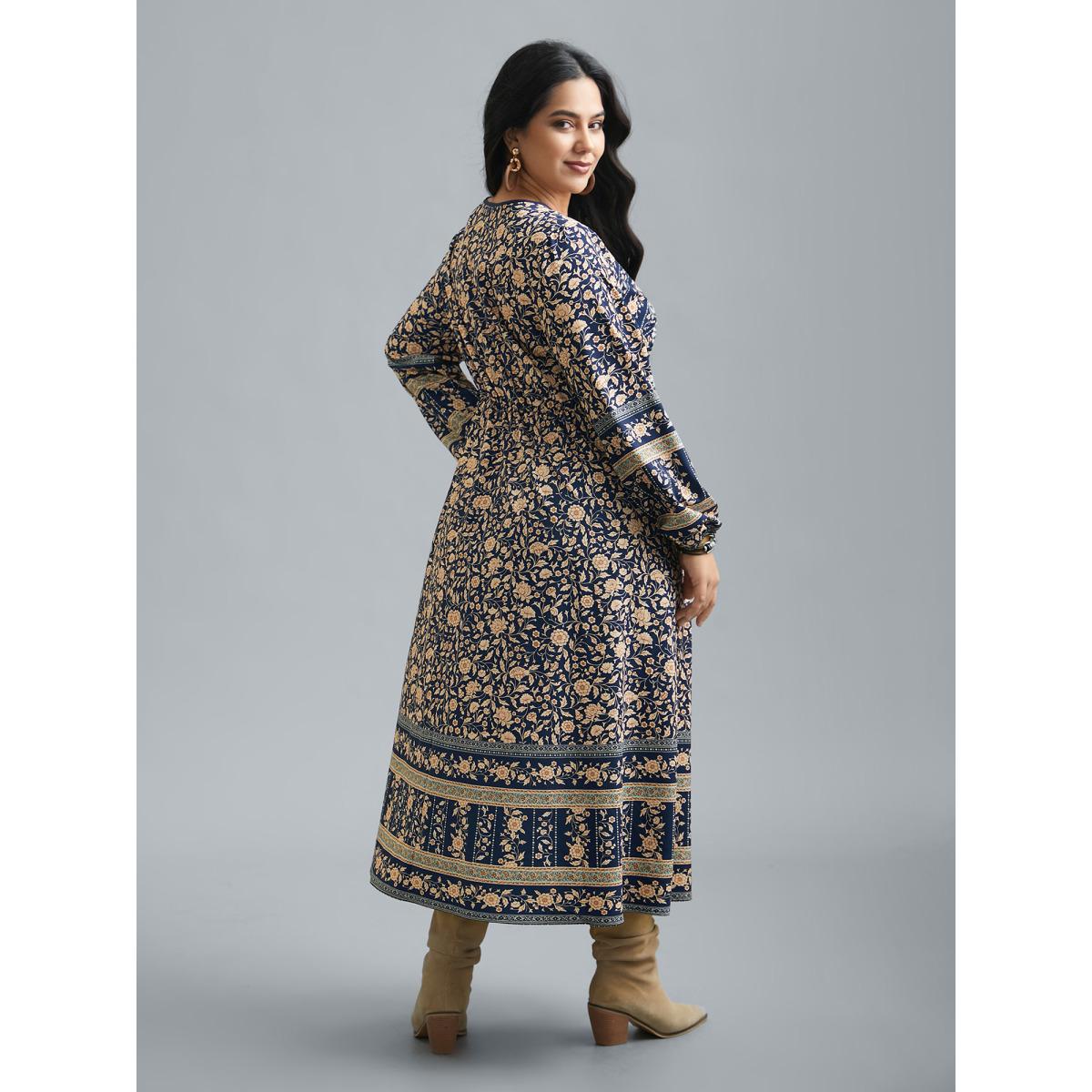 Plus Size Surplice Neck Boho Print Elastic Waist Dress Indigo Women Resort Non Overlap Collar Long Sleeve Curvy BloomChic 12/L Product Image