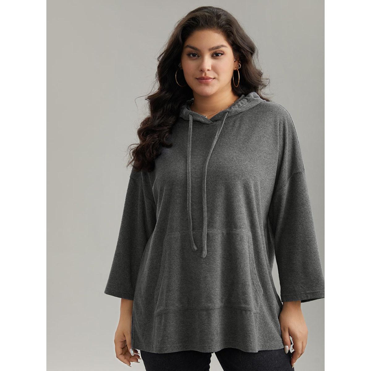 Plus Size Plain Split Side Pocket Hooded Drawstring Sweatshirt Women Gray Casual Plain Hooded Everyday Sweatshirts BloomChic 10/M Product Image