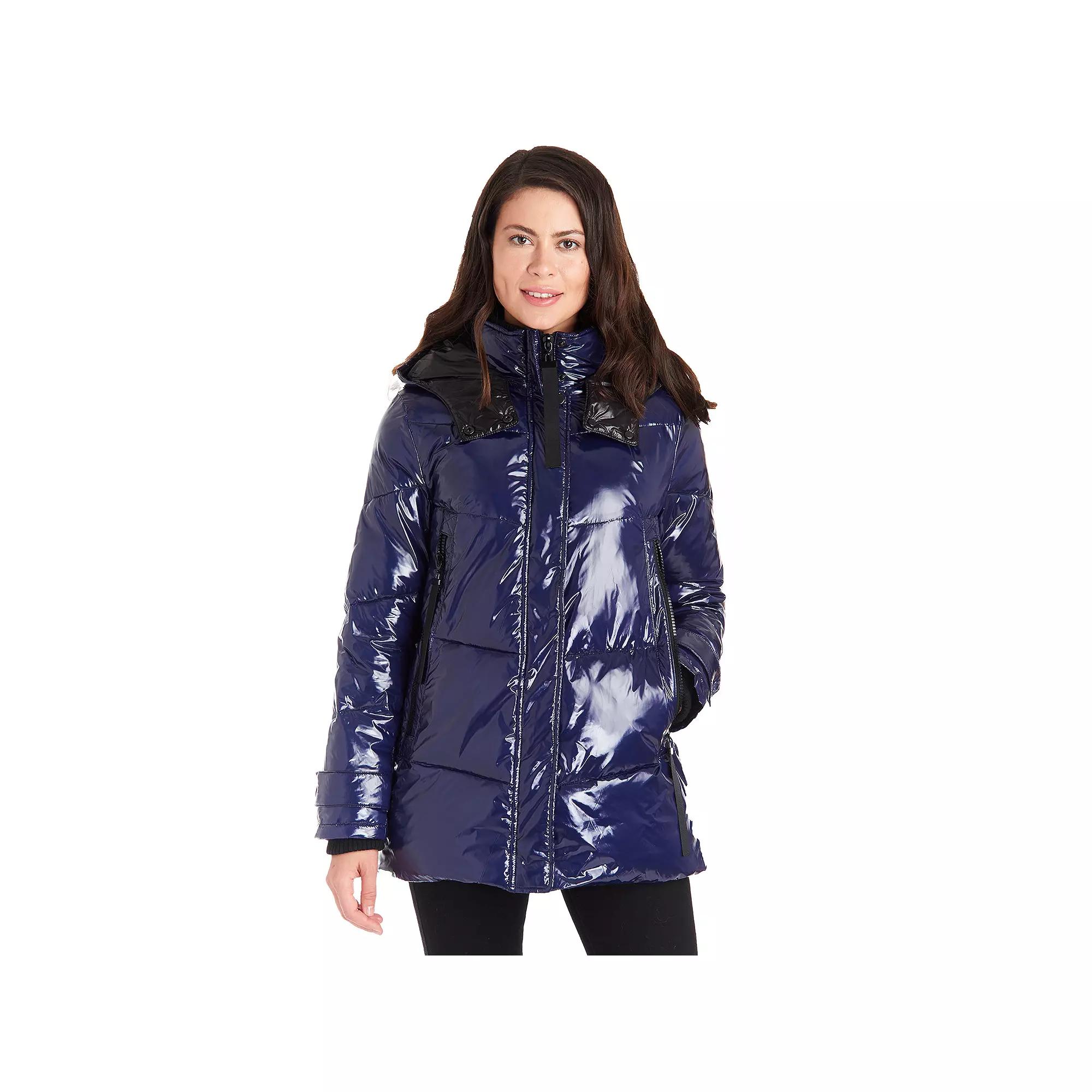 Women's Fleet Street Faux Down Puffer Coat with Fancy Pocket Details, Size: Medium, Blue Product Image