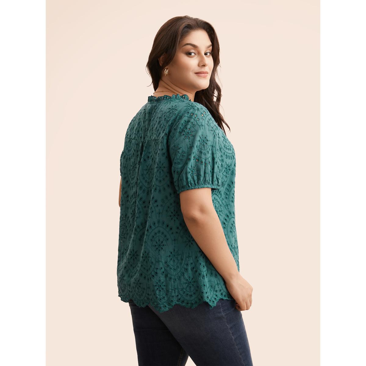 Plus Size DarkSlateGray Notched Broderie Anglaise Frill Trim Blouse Women Elegant Short sleeve Notched collar Everyday Blouses BloomChic 28/5X Product Image