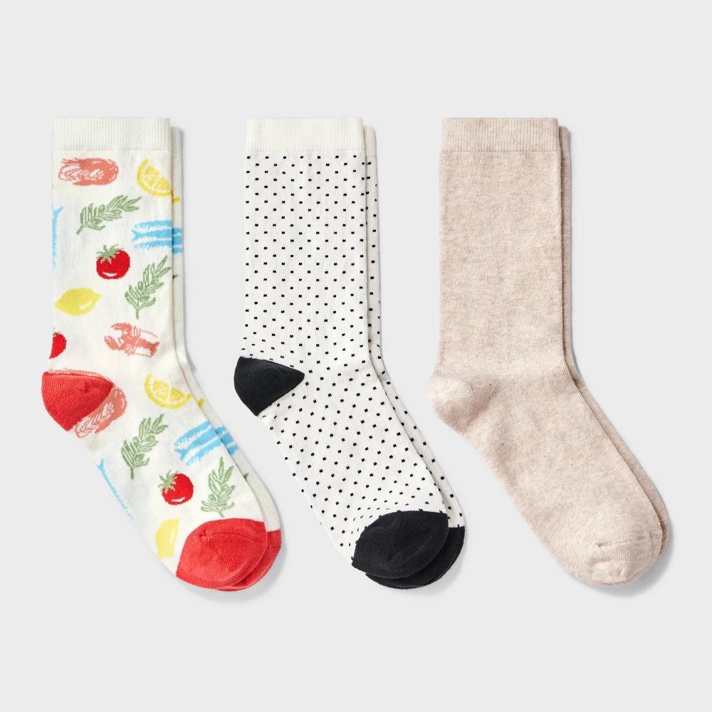 Women's Mediterranean Diet 3pk Crew Socks - A New Day™ Ivory/Red/Oatmeal Heather 4-10: Cotton Blend, Floral & Solid Patterns Product Image