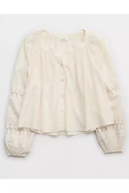 Aerie Long Sleeve Crochet Button Down Shirt Women's Product Image
