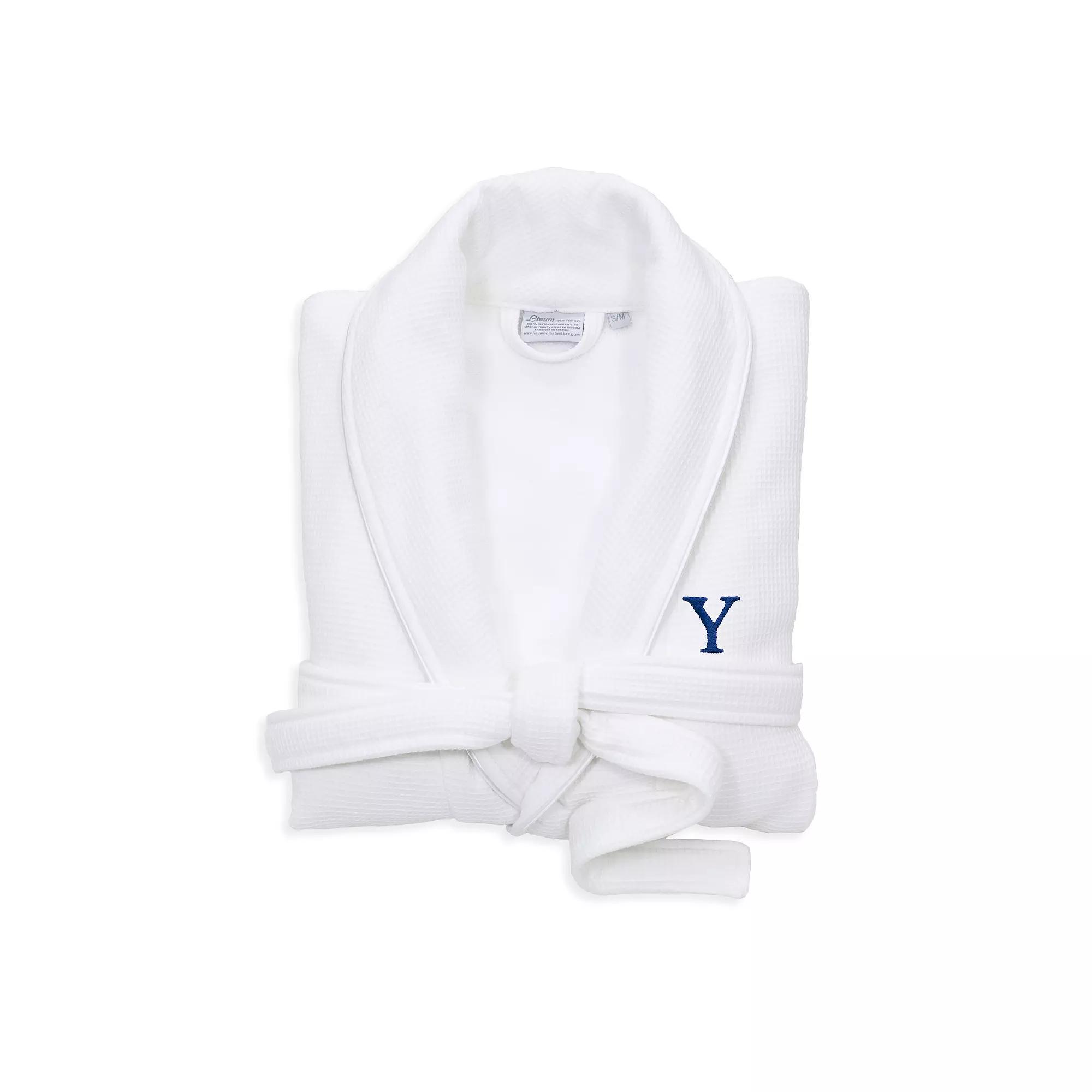 Linum Home Textiles Turkish Cotton Personalized Satin Piped Trim Waffle Terry White Bathrobe, Adult Unisex,  Product Image