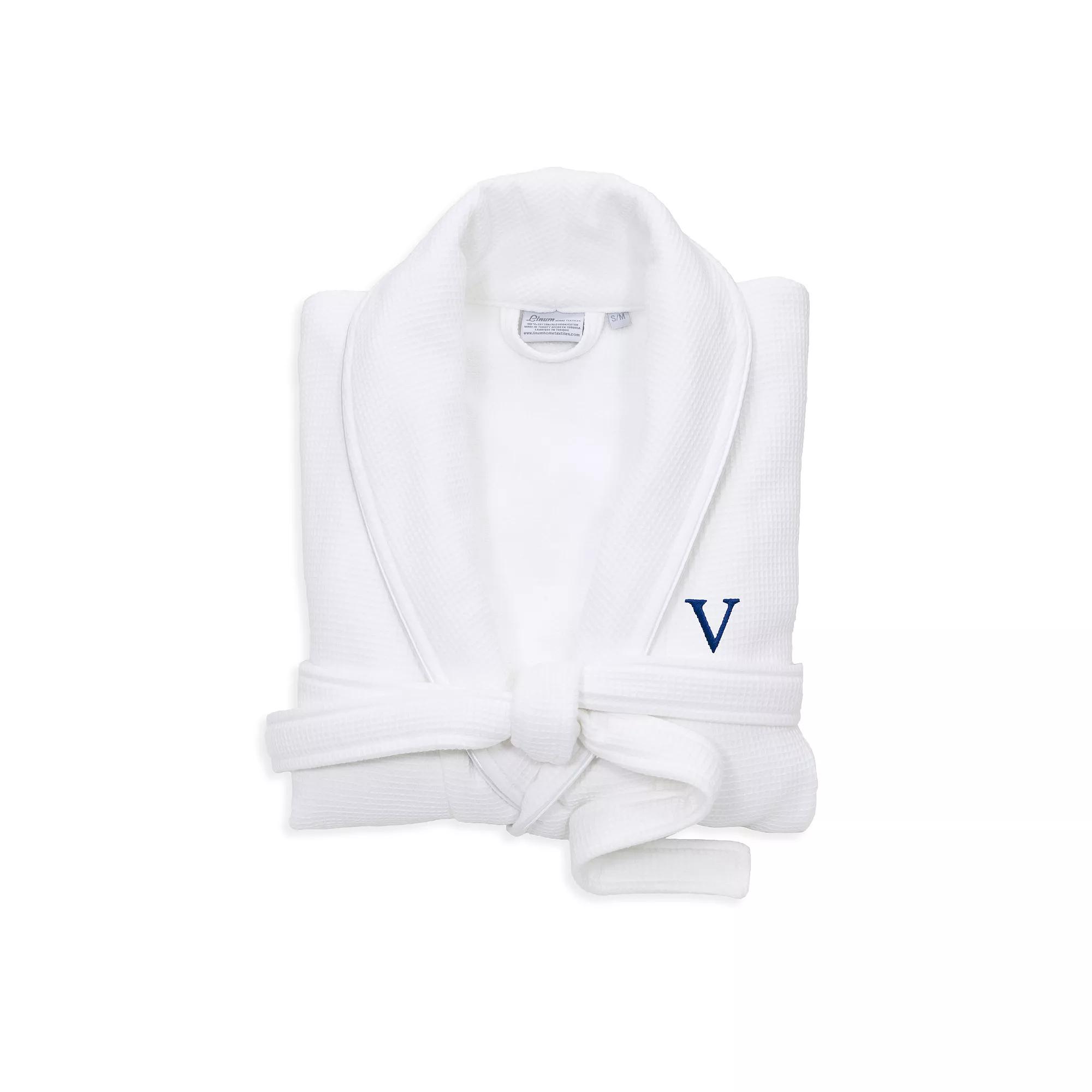 Linum Home Textiles Turkish Cotton Personalized Satin Piped Trim Waffle Terry White Bathrobe, Adult Unisex,  Product Image