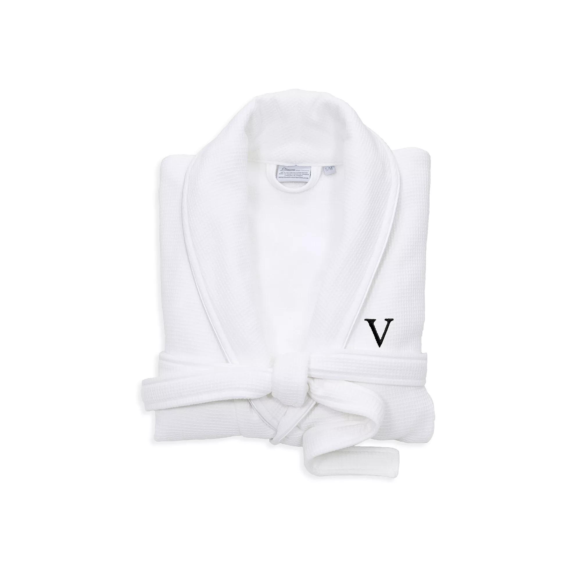 Linum Home Textiles Turkish Cotton Personalized Satin Piped Trim Waffle Terry White Bathrobe, Adult Unisex,  Product Image