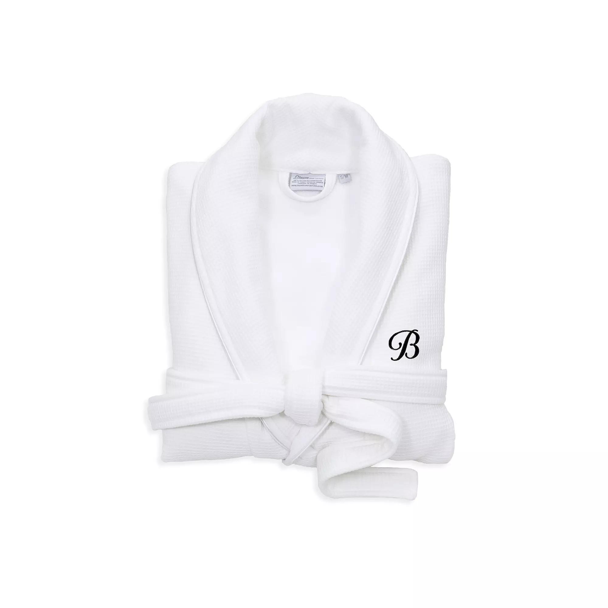 Linum Home Textiles Turkish Cotton Personalized Satin Piped Trim Waffle Terry White Bathrobe, Adult Unisex,  Product Image