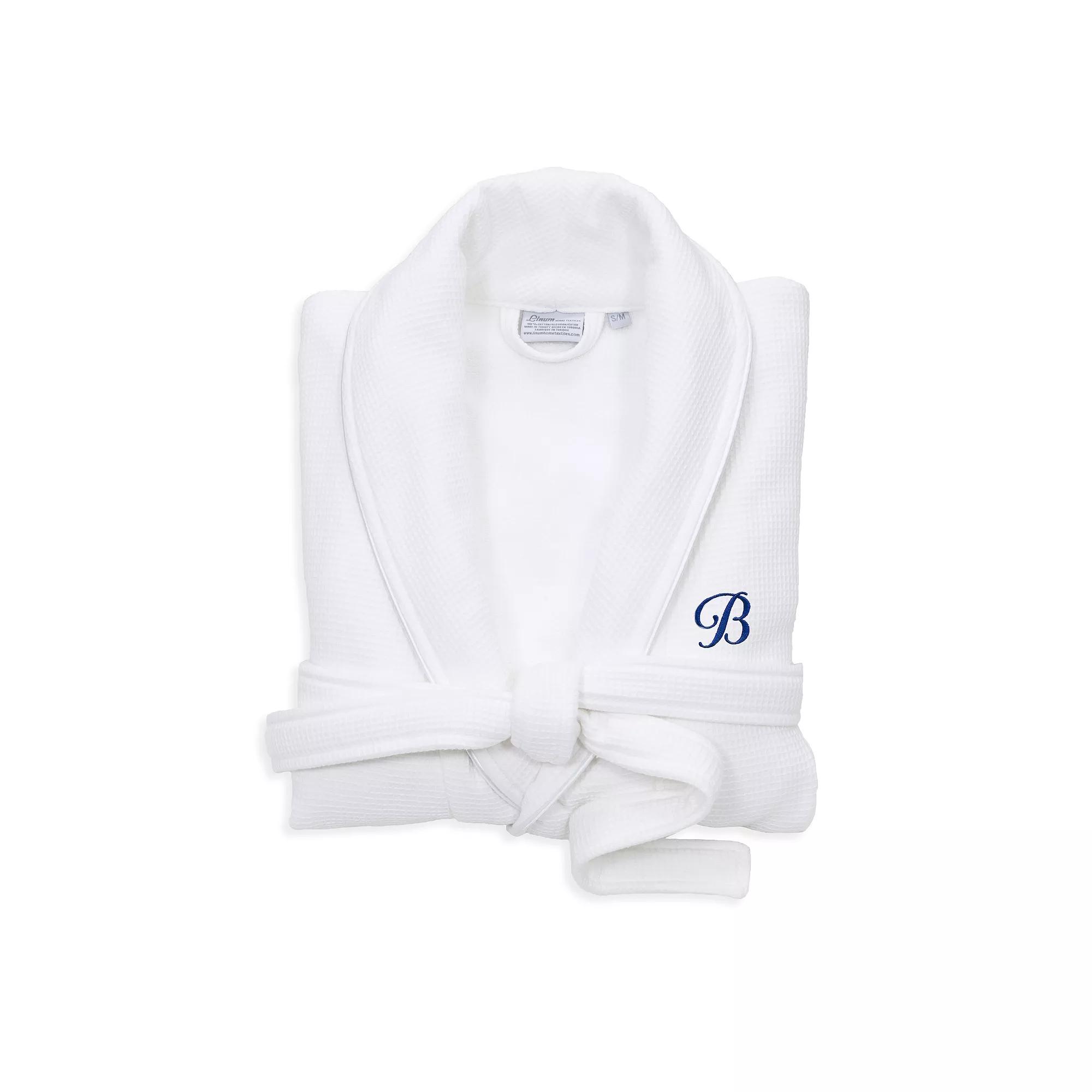 Linum Home Textiles Turkish Cotton Personalized Satin Piped Trim Waffle Terry White Bathrobe, Adult Unisex,  Product Image
