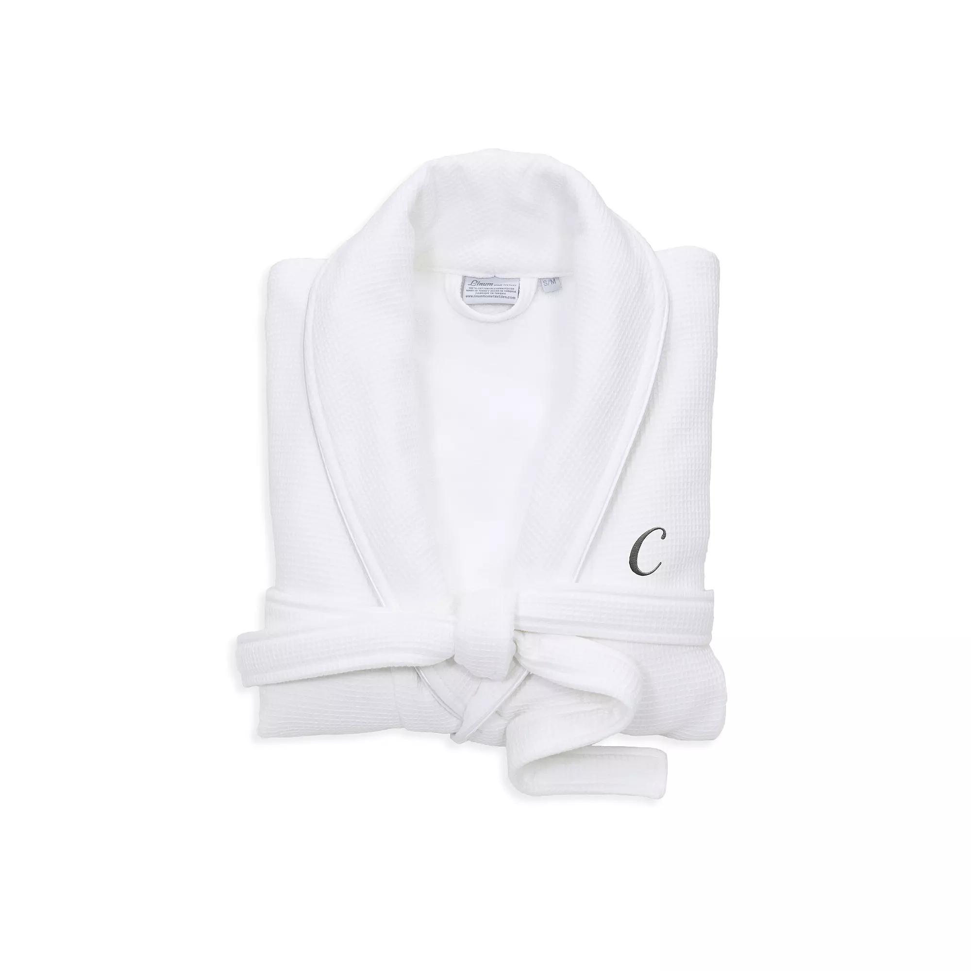 Linum Home Textiles Turkish Cotton Personalized Satin Piped Trim Waffle Terry White Bathrobe, Adult Unisex,  Product Image