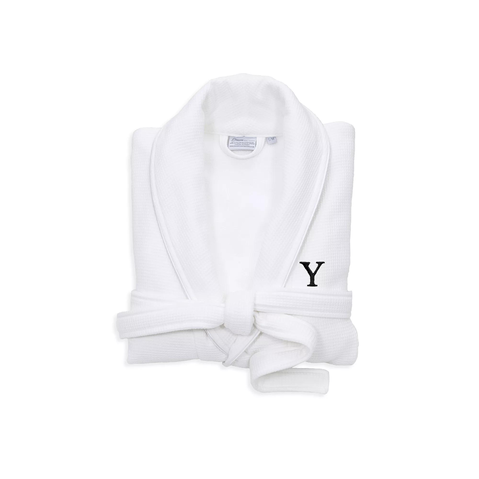 Linum Home Textiles Turkish Cotton Personalized Satin Piped Trim Waffle Terry White Bathrobe, Adult Unisex,  Product Image