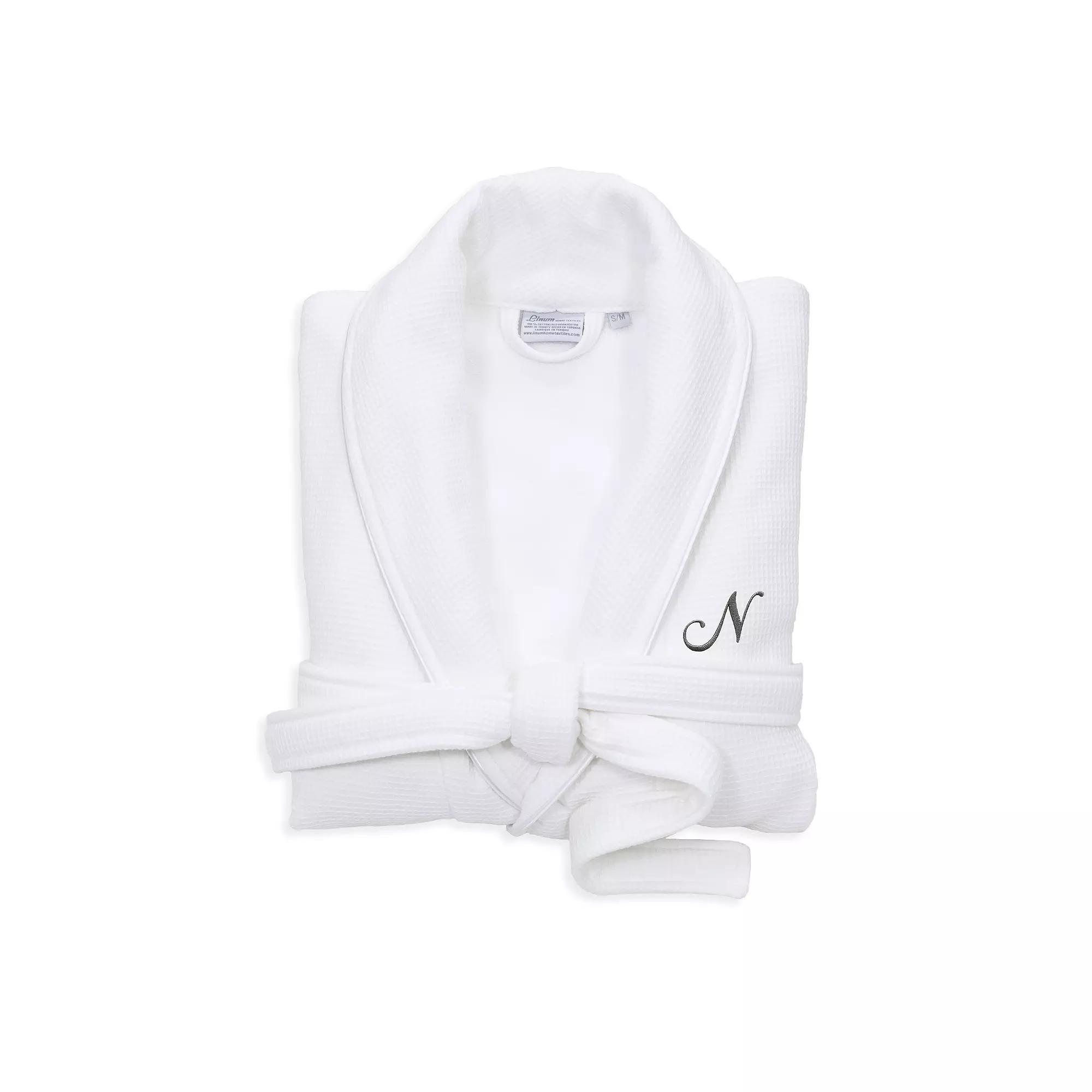 Linum Home Textiles Turkish Cotton Personalized Satin Piped Trim Waffle Terry White Bathrobe, Adult Unisex,  Product Image