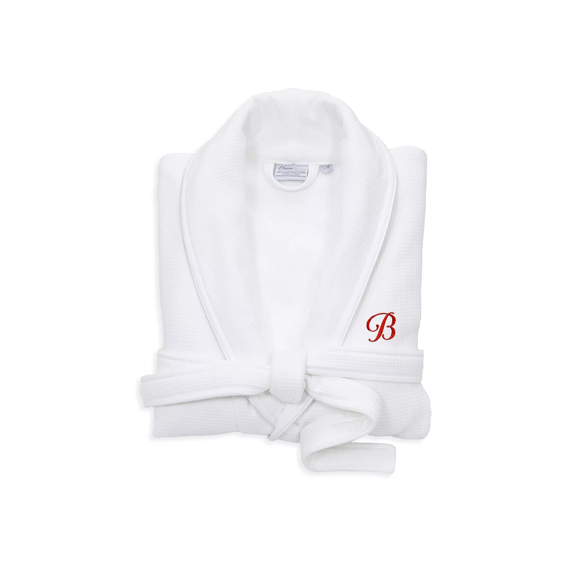 Linum Home Textiles Turkish Cotton Personalized Satin Piped Trim Waffle Terry White Bathrobe, Adult Unisex,  Product Image