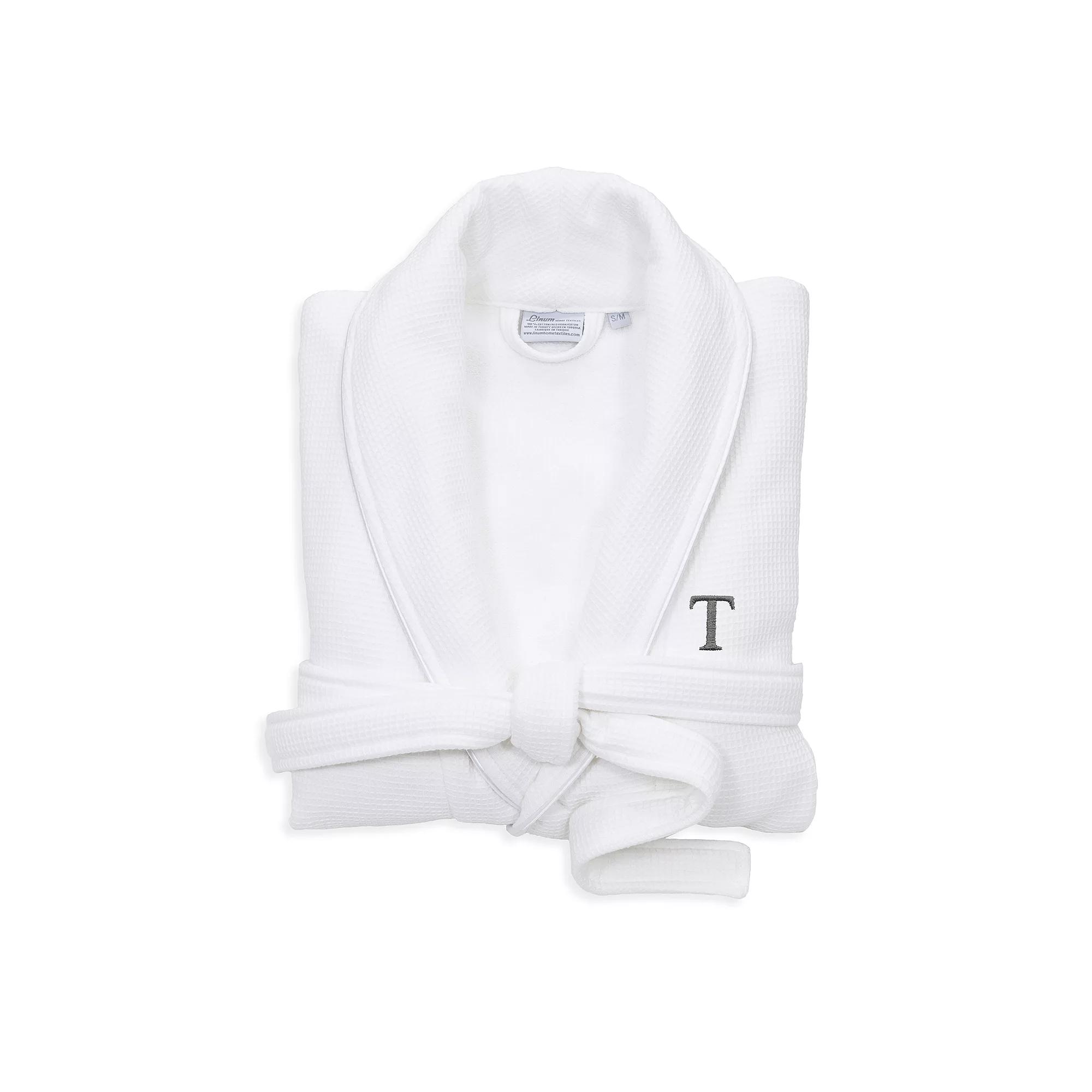 Linum Home Textiles Turkish Cotton Personalized Satin Piped Trim Waffle Terry White Bathrobe, Adult Unisex,  Product Image