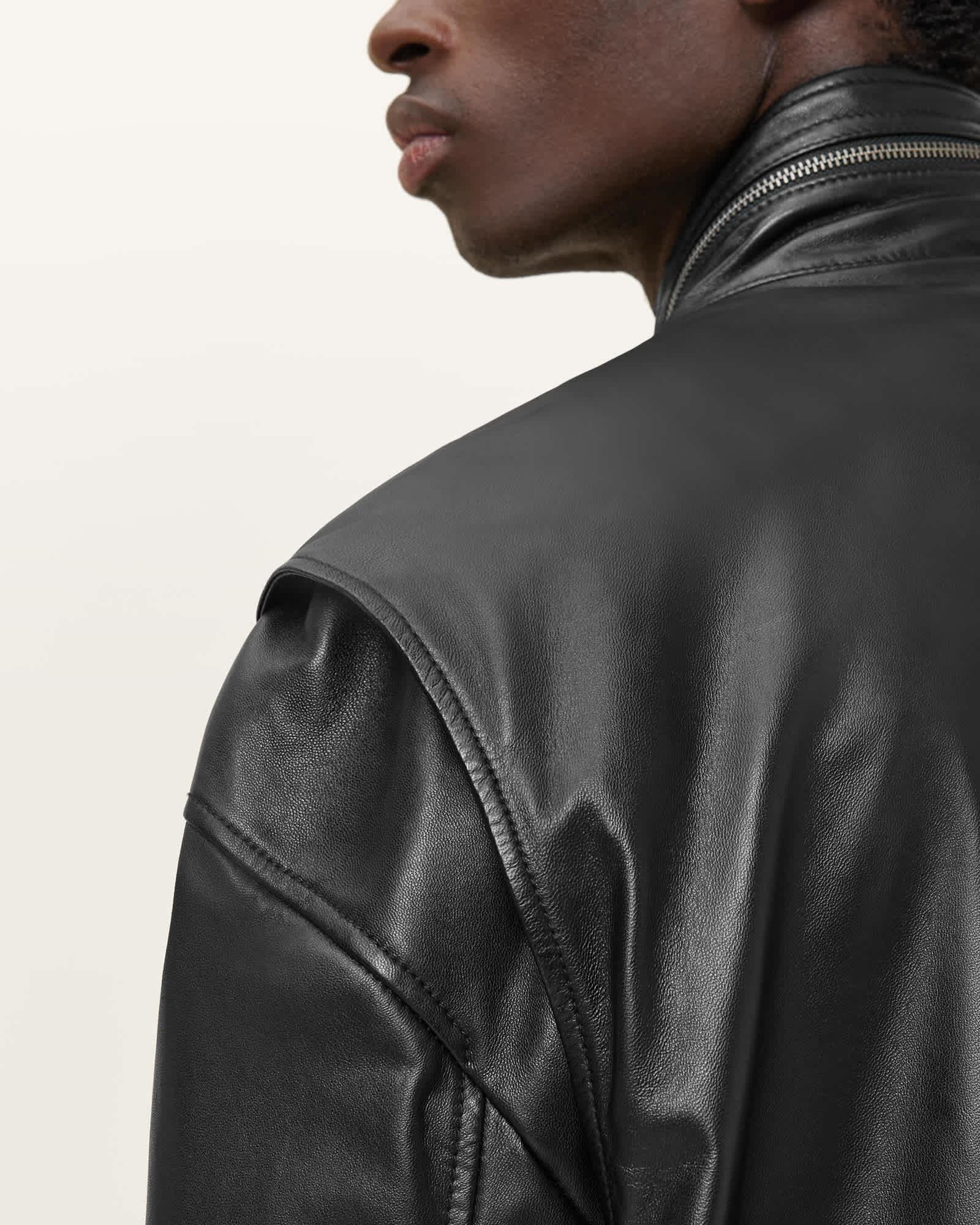 Halton Funnel Collar Leather Jacket Product Image