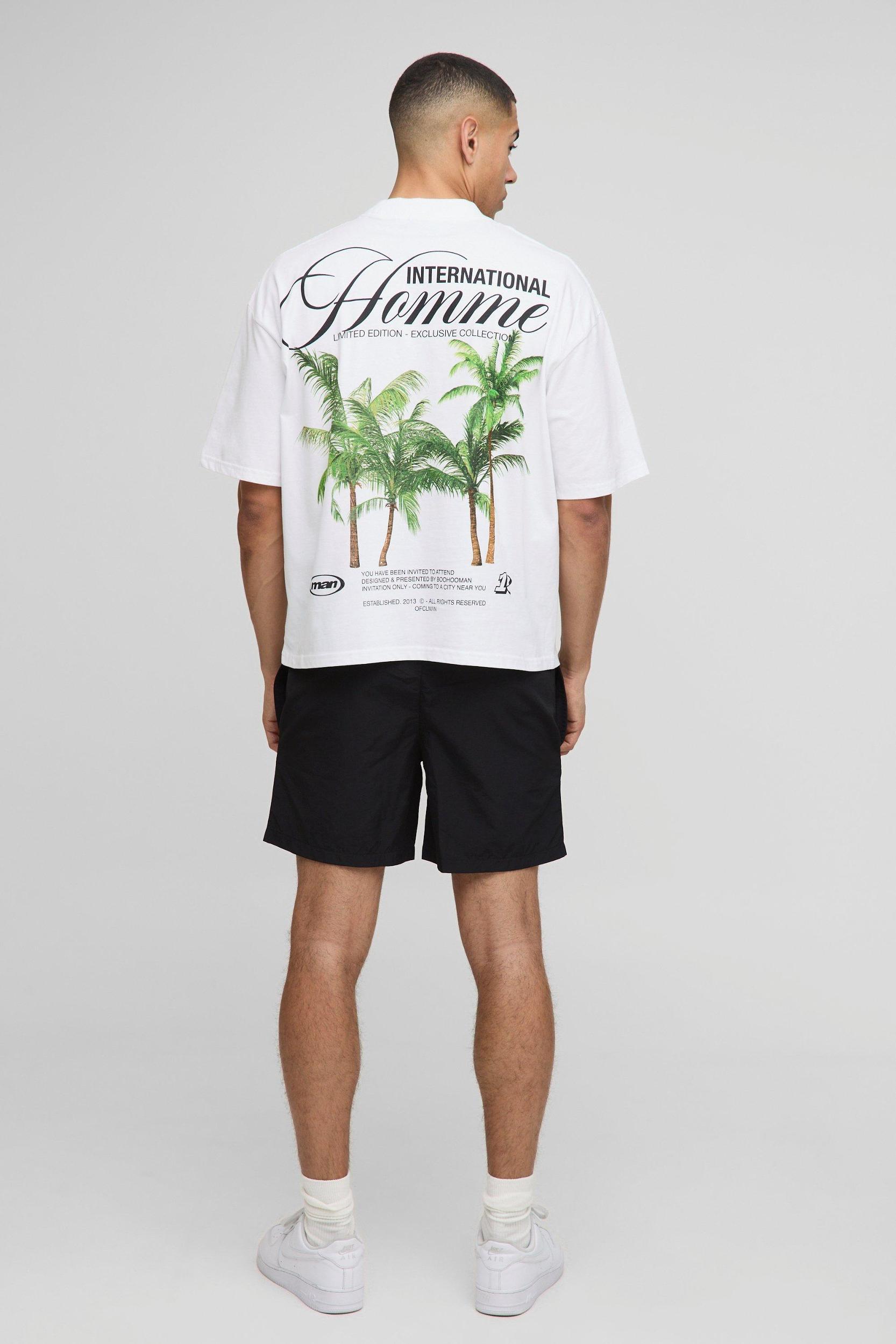 Oversized Boxy Extended Neck Palm Print T-Shirt | boohooMAN USA Product Image