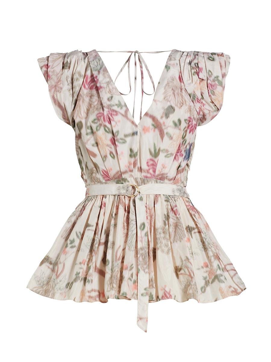 Womens Belted Floral Puff Sleeve Top Product Image