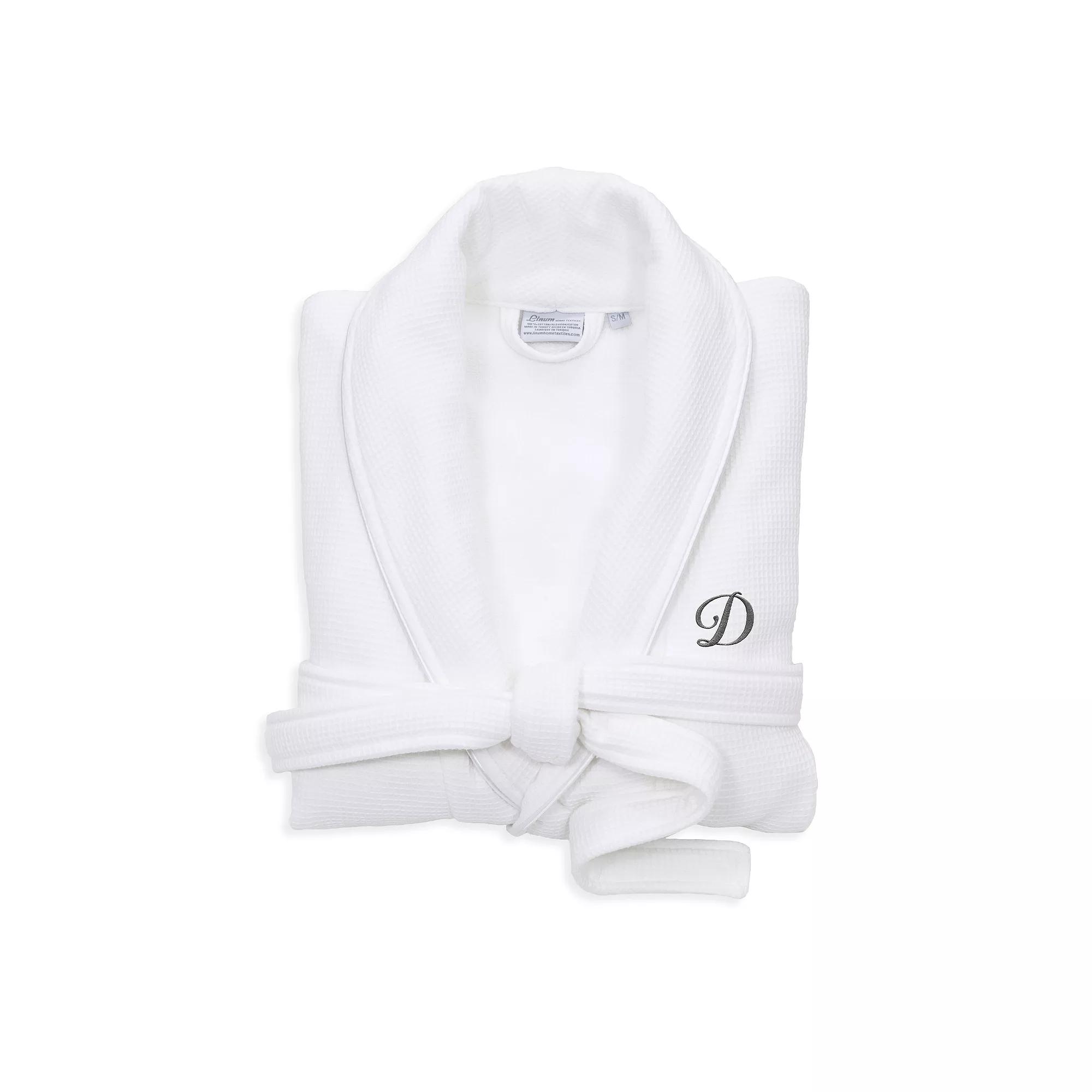 Linum Home Textiles Turkish Cotton Personalized Satin Piped Trim Waffle Terry White Bathrobe, Adult Unisex,  Product Image