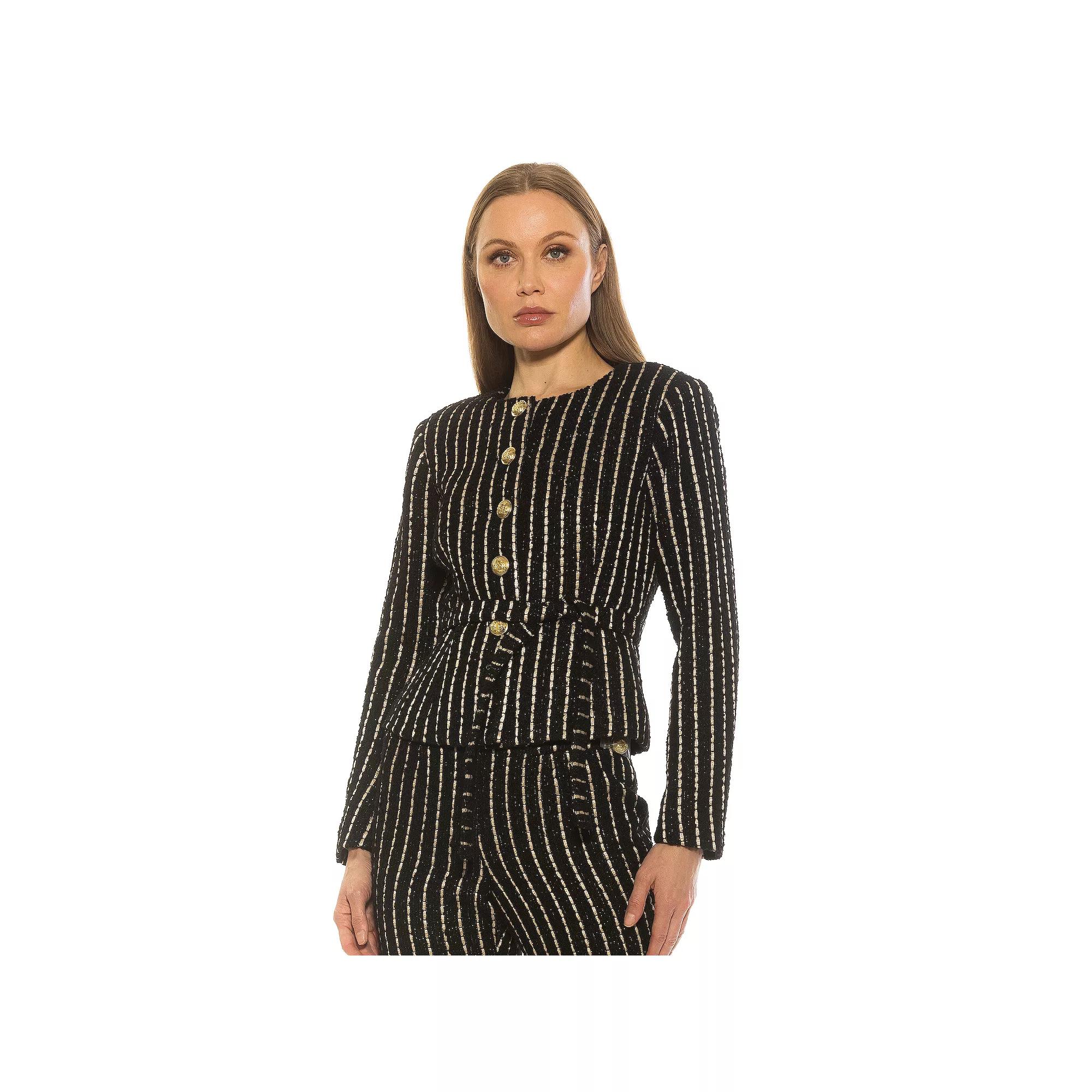 Women's ALEXIA ADMOR Arjun Stripe Scoop Neck Jacket with Waist Tie, Size: 14, Black Pinstripe Product Image