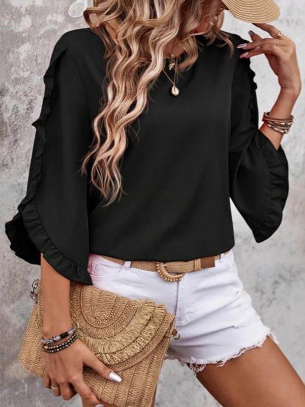 Loose Three-Quarter Sleeves Pleated Ruffled Solid Color Split-Joint Round-Neck Blouses&Shirts Tops Product Image