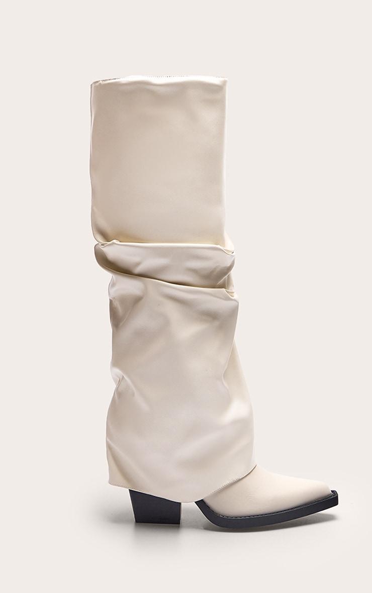 Cream Pu Point Toe Fold Over Block Heel Knee High Boots Product Image