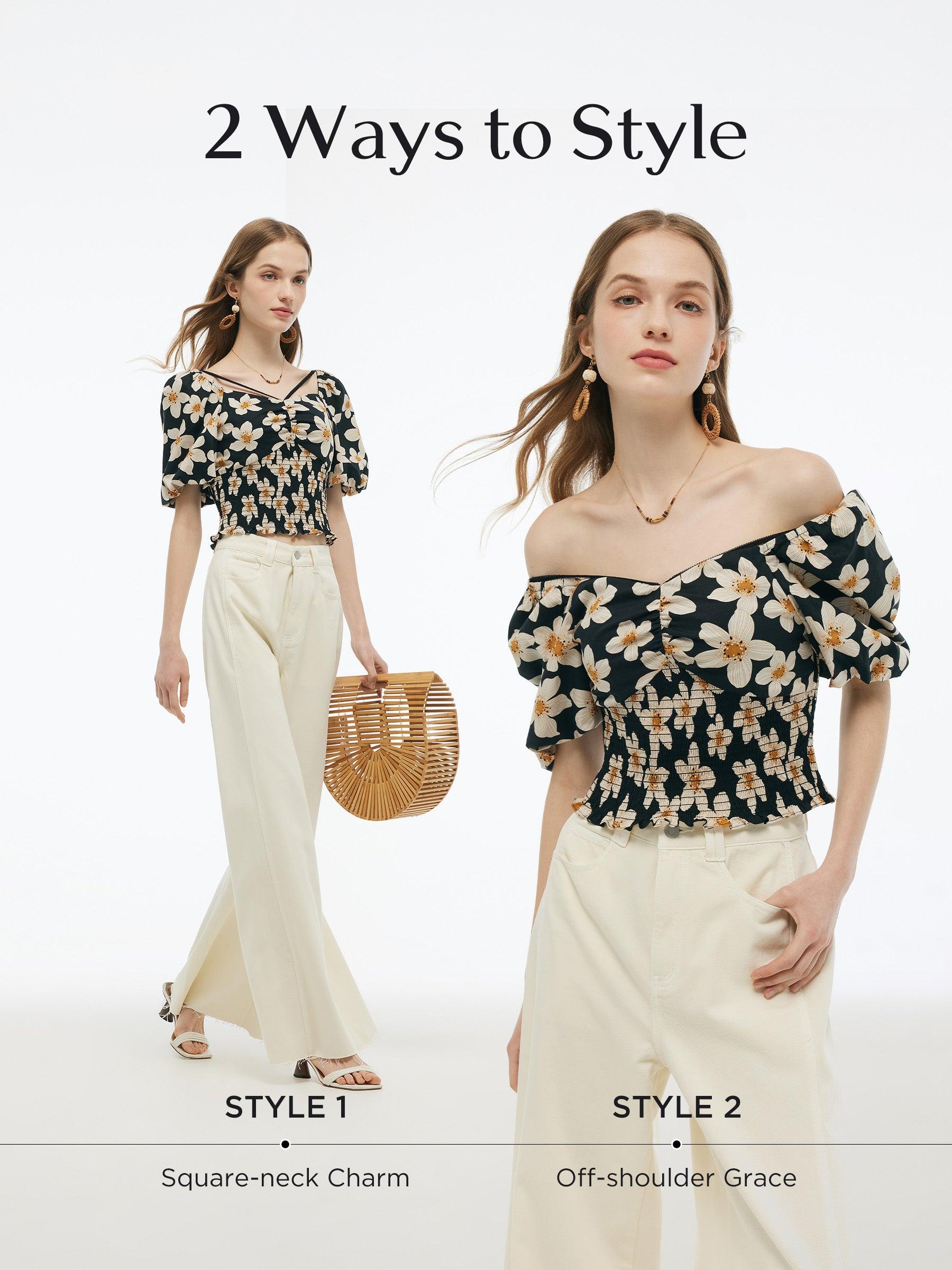 Cotton Stretch Floral Print Women Smocked Top Product Image